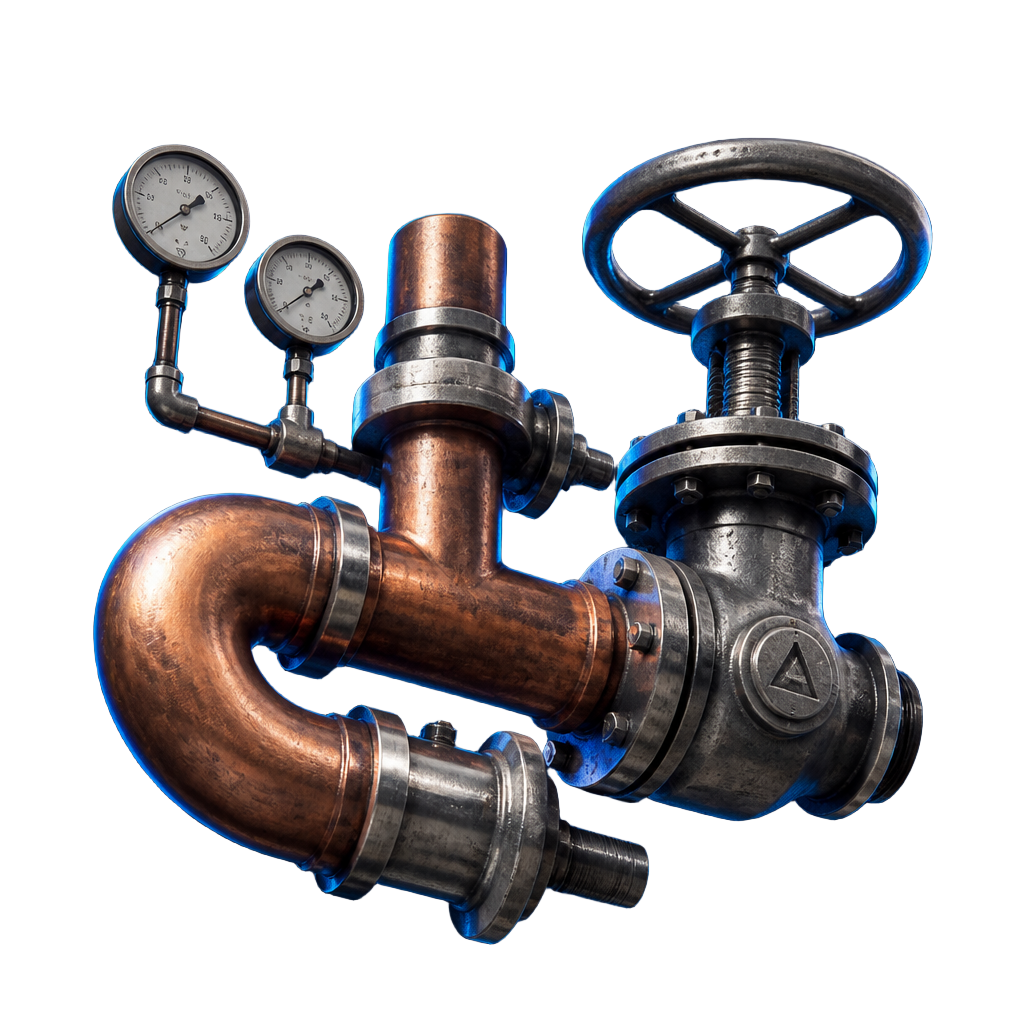 3D render of a copper pipe assembly with a shutoff valve